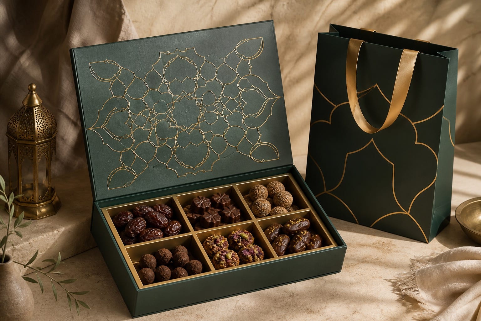 Ramadan and Eid gifting packaging set with gold foil detailing