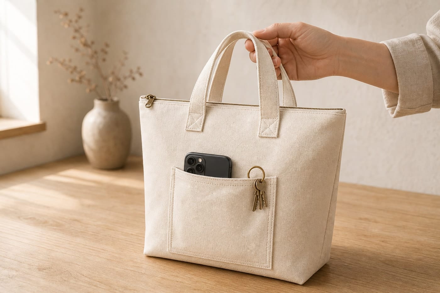 Canvas Tote Bag with Pocket and Zip — detail