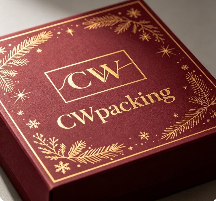 Christmas Magnetic Gift Box — Burgundy — gold pine border
