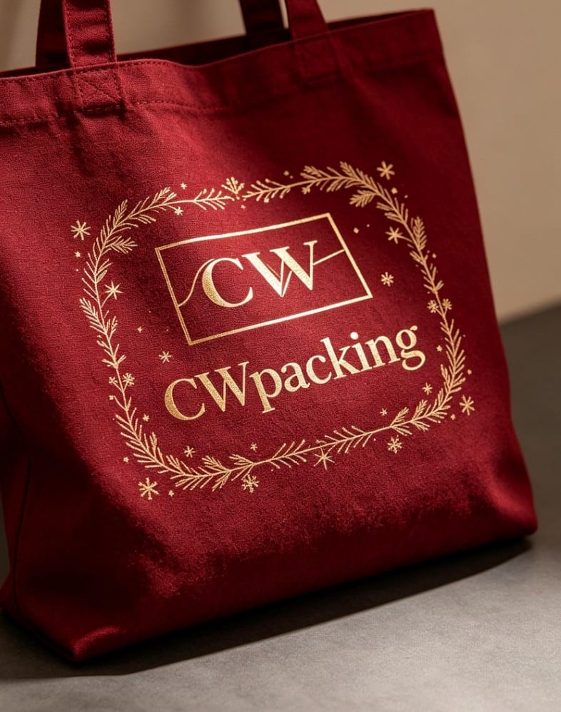Christmas Canvas Tote Bag — Burgundy — gold foil monogram
