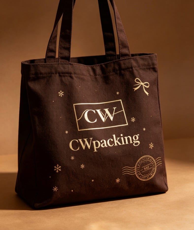 Christmas Canvas Tote Bag — Cocoa — gold foil monogram