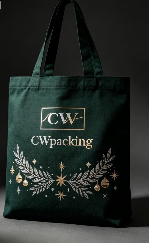 Christmas Canvas Tote Bag — Pine — silver and gold laurel