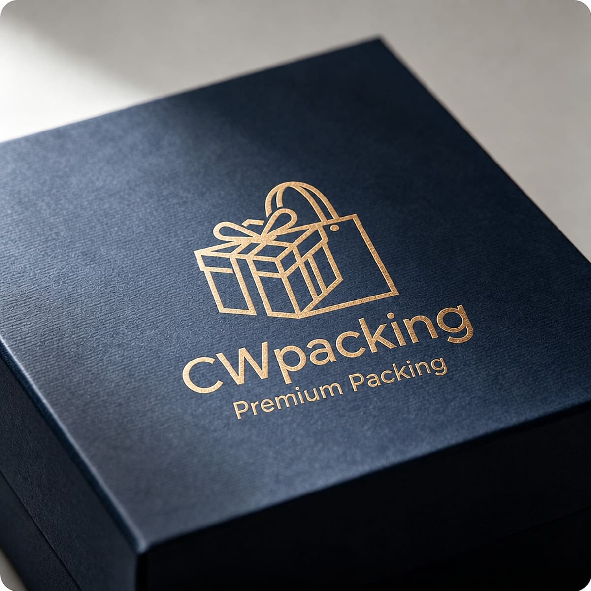 Navy box with gold foil logo
