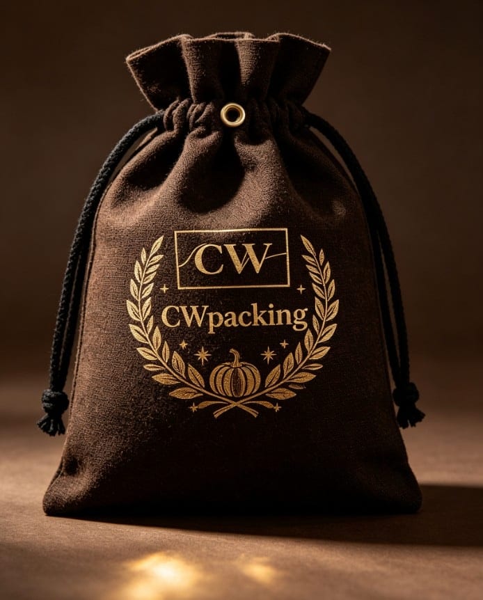 Cotton Drawstring Pouch — Cocoa &mdash; gold foil wreath and pumpkin