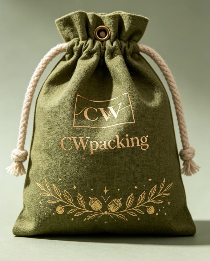 Cotton Drawstring Pouch — Olive &mdash; gold acorn and laurel